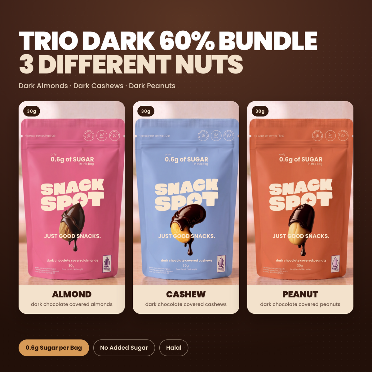 Trio Dark 60% Bundle - almond, cashew and peanut, 30g each