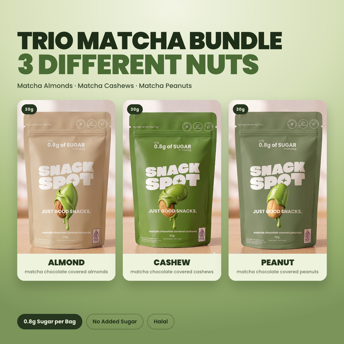 Trio Matcha Bundle - almond, cashew and peanut, 30g each
