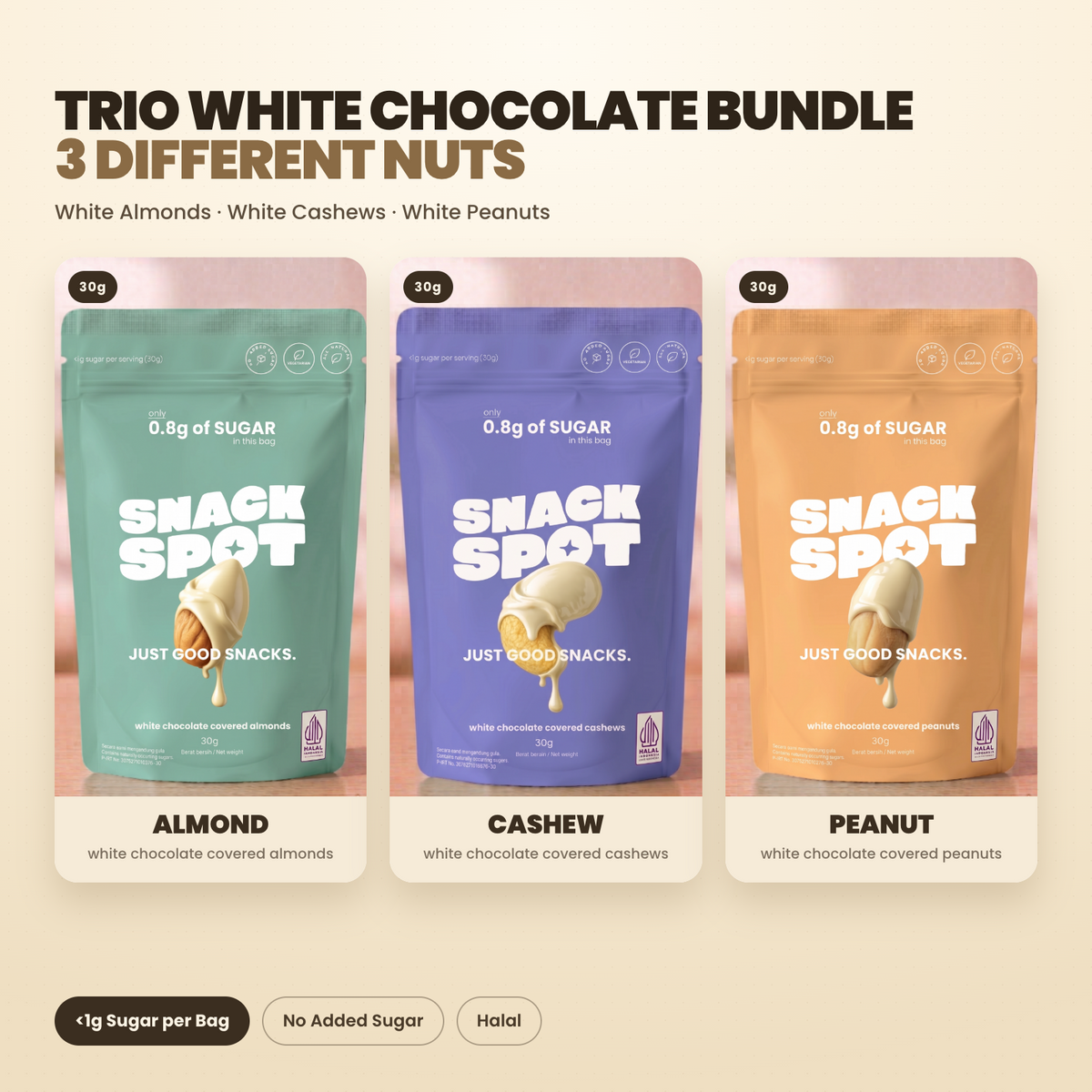 Trio White Chocolate Bundle - almond, cashew and peanut, 30g each